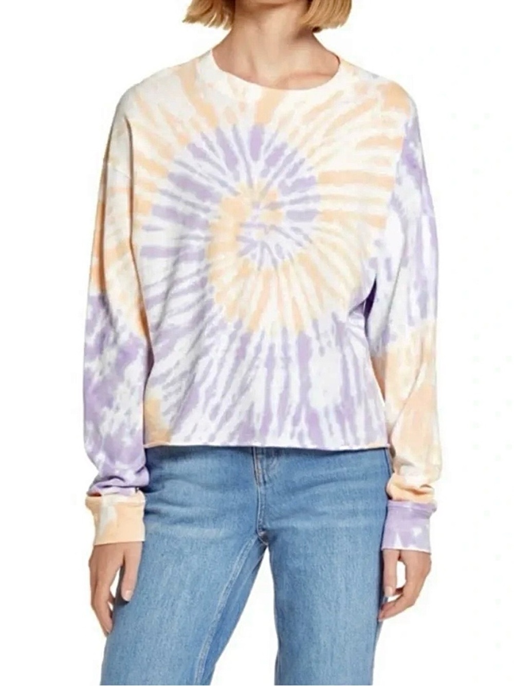 DAYDREAMER Swirl Tie-Dye Cropped Crewneck Long Sleeve Top Womens Sz S 100%Cotton
